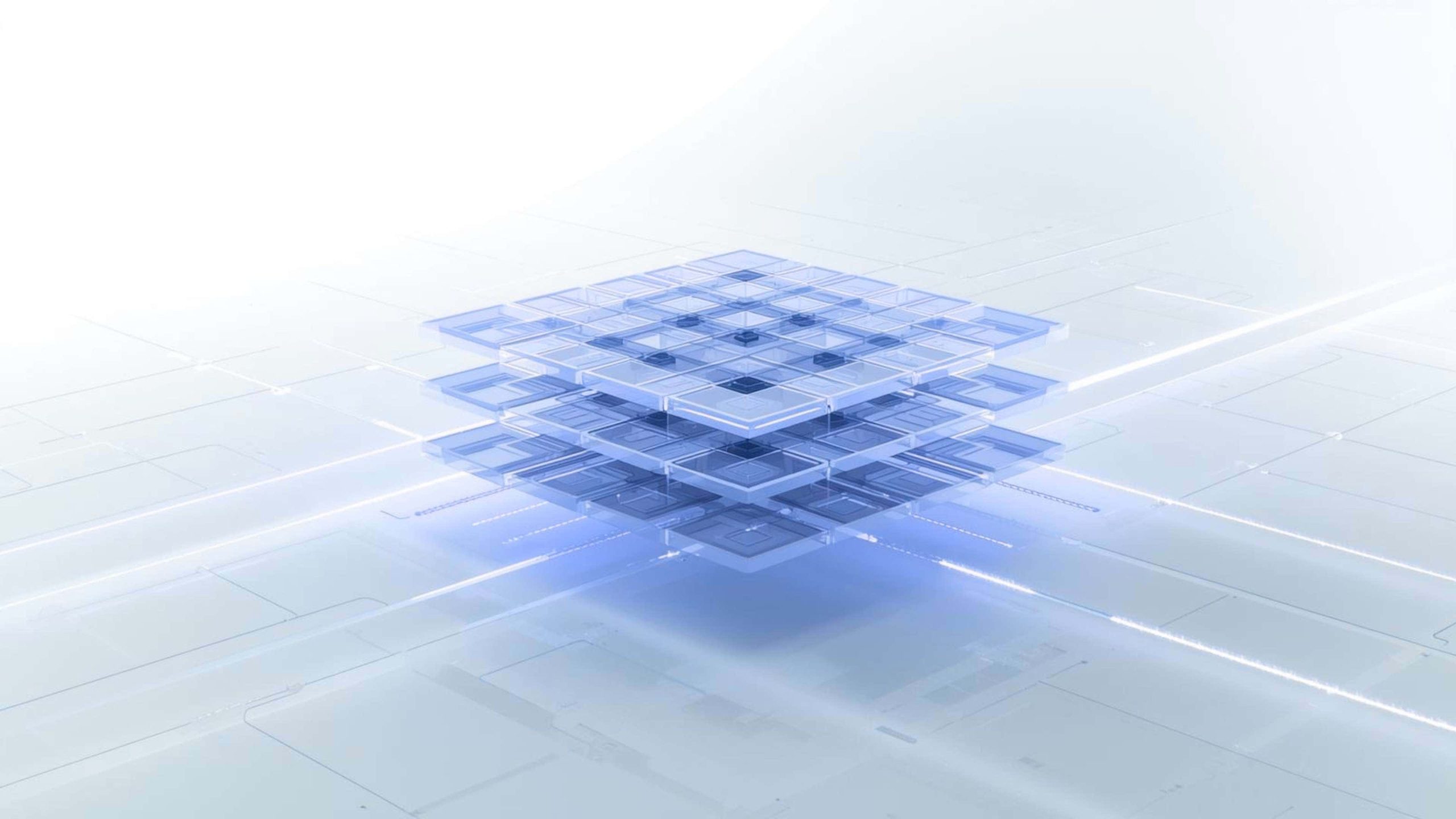 Enterprise architecture with horizontal glass layers showing system abstraction
