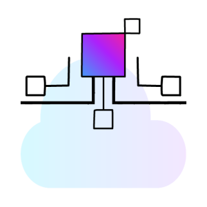 Minimal cloud-native icon with modular architecture blocks and gradient focal block for scalable development.