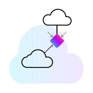 Minimal hybrid cloud icon with connected cloud elements and gradient node for multi-cloud interoperability.