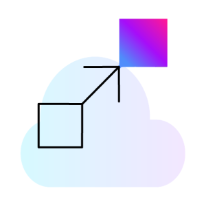 Minimal cloud migration icon with connected geometric blocks and gradient destination block for modernization.