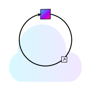 Minimal cloud optimization icon with circular motion line and gradient block for operational improvement.