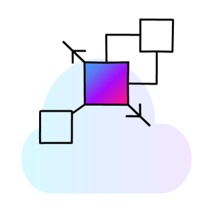 Minimal cloud data and AI icon with connected nodes and gradient block for intelligent data enablement.