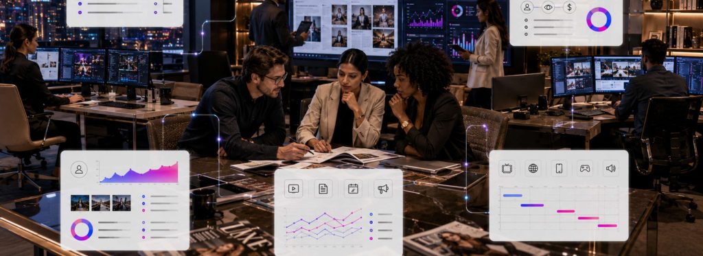 Modern digital publishing workspace with audience analytics and connected editorial workflow dashboards