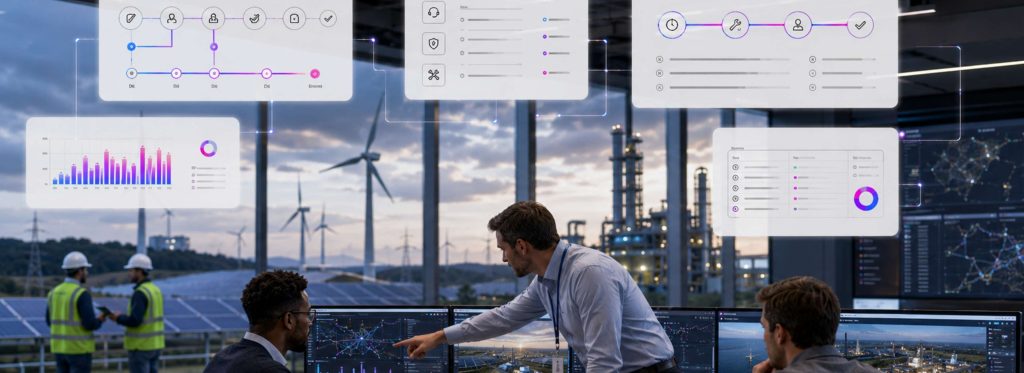 Energy operations environment with infrastructure monitoring and enterprise workflow automation dashboards