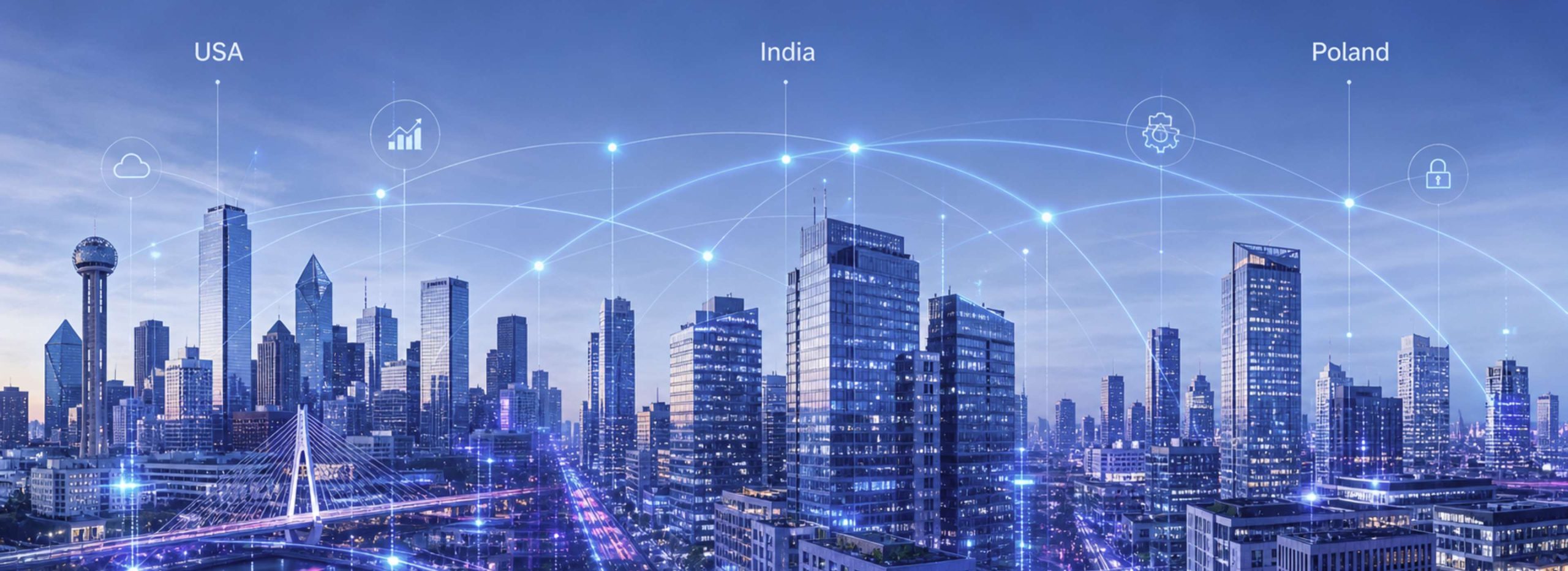 A modern cityscape illustration showing USA, India, and Poland connected through digital network lines, representing global connectivity and enterprise technology solutions.