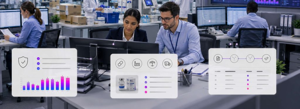 Modern healthcare operations workspace with claims analytics and connected workflow automation dashboards