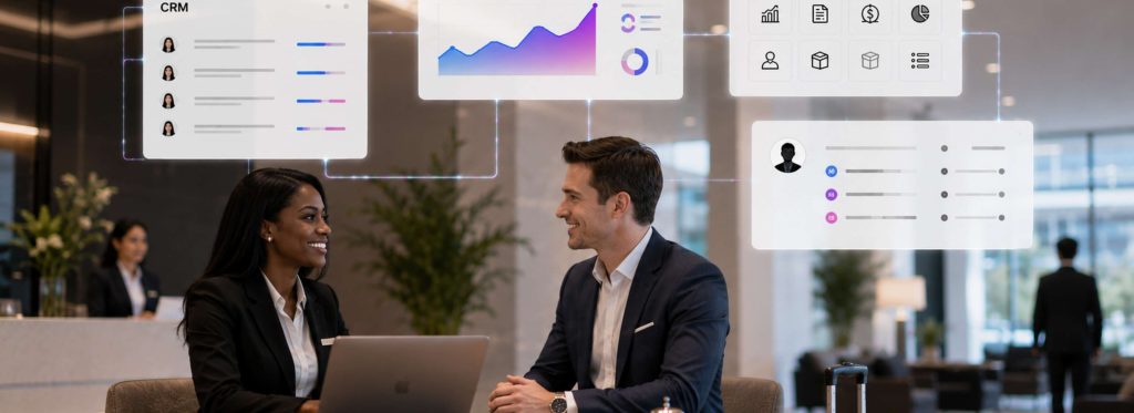 Hospitality workspace with CRM and ERP workflow dashboards.