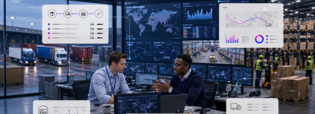 Modern logistics control center with shipment tracking and connected supply chain workflow dashboards