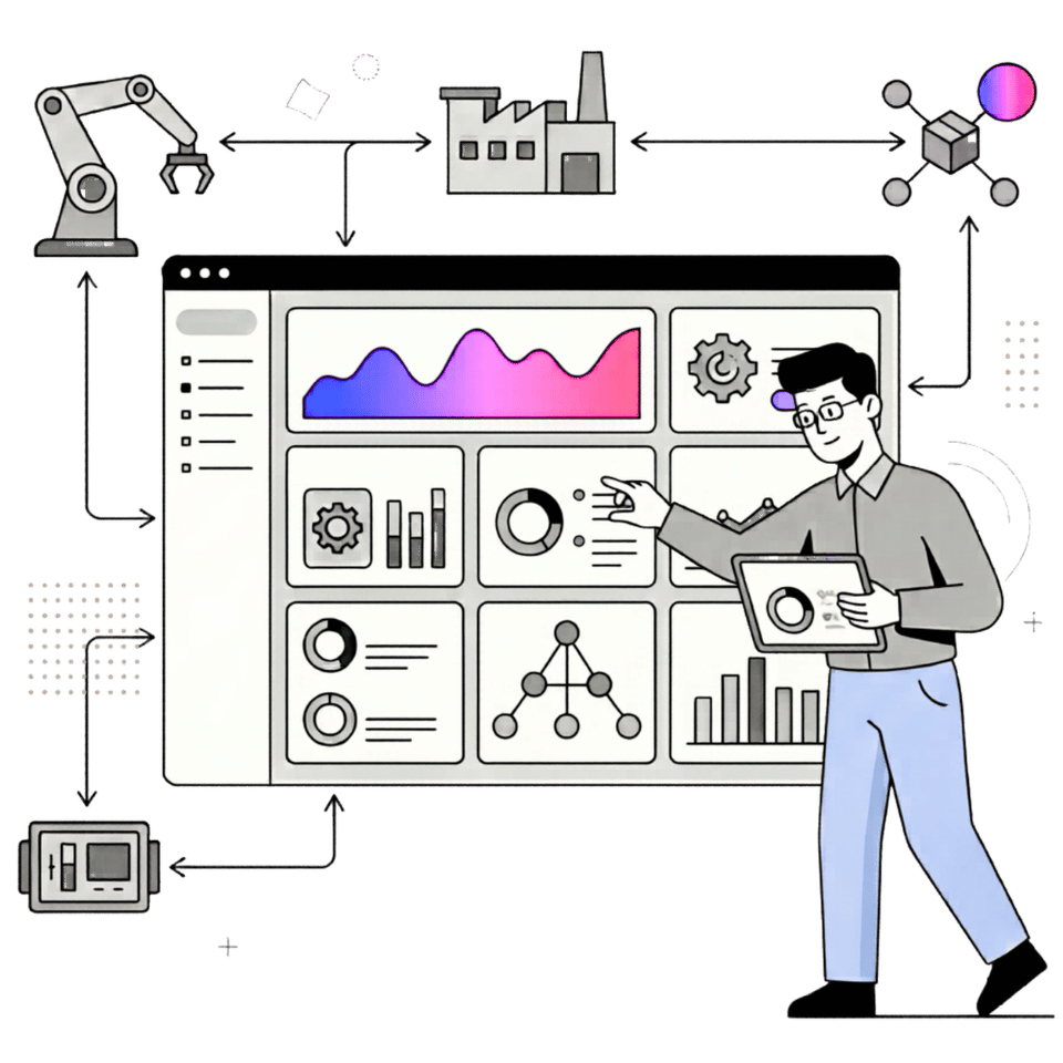 Minimal AI manufacturing dashboard with connected operations systems
