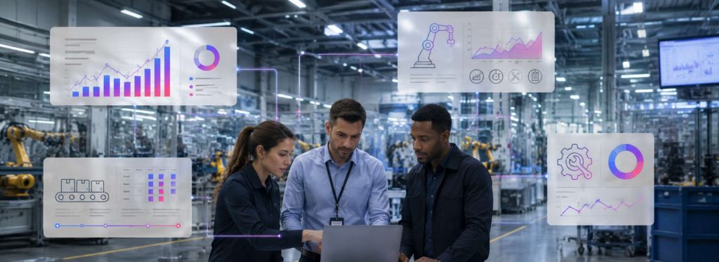 Modern smart manufacturing facility with connected production analytics and industrial workflow dashboards