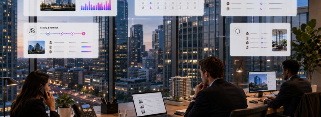 Real estate leasing workspace with tenant workflow dashboards.