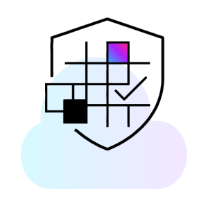 Minimal cloud security icon with grid lines, shield shape, and gradient highlight for governance and compliance.