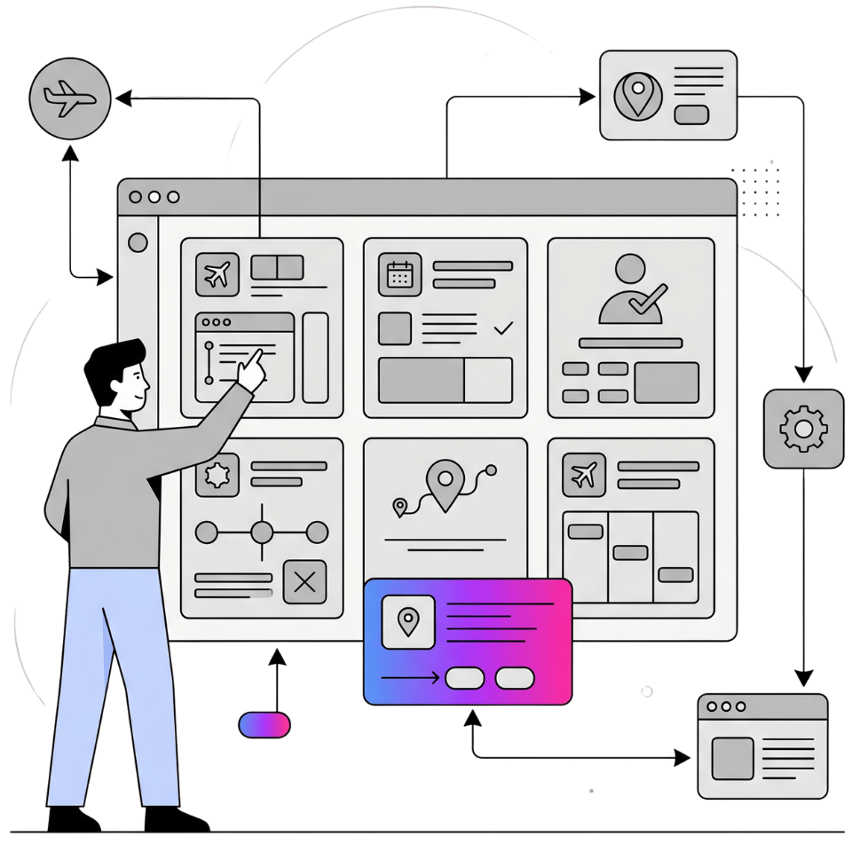 Minimal travel operations dashboard with connected booking workflows