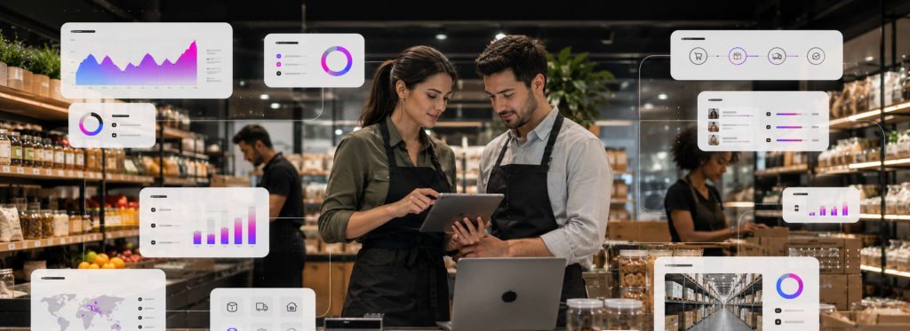 Modern retail operations environment with professionals collaborating inside a premium retail store using connected commerce dashboards, inventory analytics, fulfillment tracking, and enterprise workflow overlays.